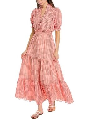 Max Studio Smocked Red Gingham Maxi Dress with Ruffle Trim